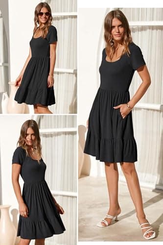 Newshows Summer Dresses for Women 2024 Short Sleeve Square Neck Babydoll Dresses Casual Beach Vacation Outfits Aline Ruffle Flowy Sundress Trendy with Pockets(Black,L) - Image 4
