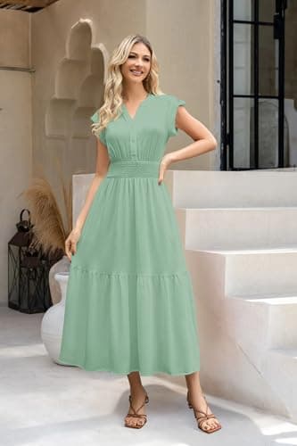 LUXVEER Women Summer Maxi Dress 2025 Cap Sleeve V Neck Button Casual Loose Ruffle Tiered A-Line Wedding Guest Dress Long Flowy Beach Vacation Sundress Green L - Image 2