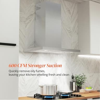 FIREGAS Wall Mount Range Hood 30 Inch, 600 CFM Ducted/Ductless Convertible Stainless Steel Kitchen Vent Hood with 3 Speed Fan, LED Lights and Push Button Control - Image 2