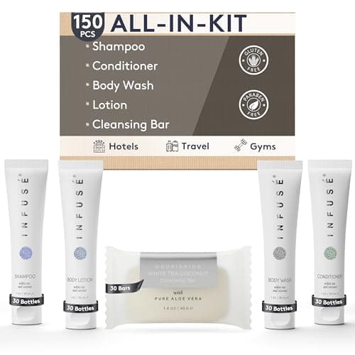 Infuse Pure White Tea and Coconut Hotel Soaps and Toiletries Bulk Set | 1-Shoppe All-In-Kit for Airbnb | 1oz Shampoo & Conditioner, Body Wash, Lotion & 1.25oz Bar Soap | Travel Size 150 Pieces - Image 1