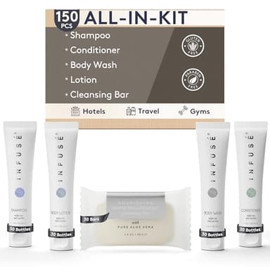 Infuse Pure White Tea and Coconut Hotel Soaps and Toiletries Bulk Set | 1-Shoppe All-In-Kit for Airbnb | 1oz Shampoo & Conditioner, Body Wash, Lotion & 1.25oz Bar Soap | Travel Size 150 Pieces - Image 1