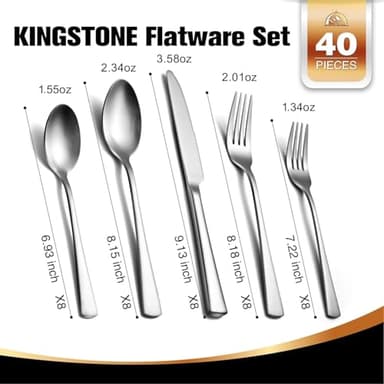 KINGSTONE Silverware Set for 8, 40-Piece 18/10 Stainless Steel Flatware Set,Forged Cutlery Set Matte Satin Finish, Dishwasher Safe - Image 3