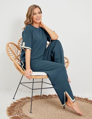 Faleave Womens Knit 2 Piece Sweater Sets Short Sleeve Pullover Tops Elastic Waist Wide Leg Pants Lounge Set(Navy-L) - Image 7