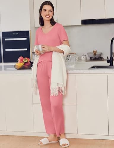 Ekouaer Pajama Sets for Women 2 Pack, Short Sleeve with Long Pant Pjs Sleepwear Comfy Lounge Sets with Pockets - Image 3
