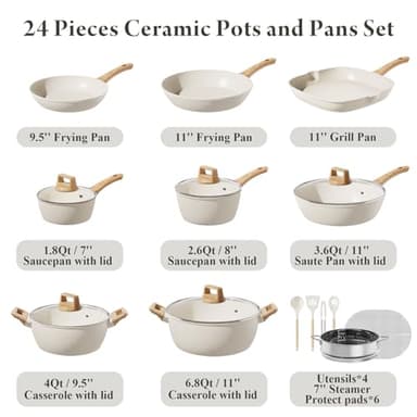 Bazova 24 Pcs Pots and Pans Set Non Stick Ceramic Cookware Set,Healthy Non Toxic Kitchen Cookware Sets with Large Capacity,Induction Compatible,PFAS/PTFE/PFOA/PFOS Free,Cream White - Image 2