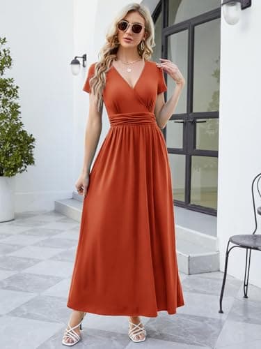 ANRILITA Maxi Dress for Women Wrap V Neck Short Sleeve Empire Pleated Waist Summer Casual Elegant Long Dresses with Pockets Brick Red - Image 2