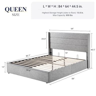 Allewie Queen Size Lift Up Storage Bed, Modern Wingback Headboard, Hydraulic Support, No Box Spring Needed, Light Grey - Image 2