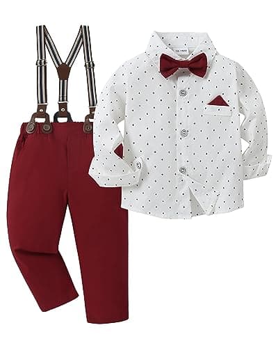 DISAUR Toddler Boy Wedding Outfits Short Sleeve White Flower Dress Shirt Bow Tie Suspender Christmas Red Plaid Pants Baptism Outfits For Boys 12 Months 1t 18 Months - Image 1