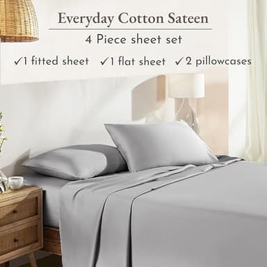 California Design Den Queen Sheet Set - Natural 100% Cotton Sheets Queen Size Bed Set with Deep Pockets, Soft Sateen Weave, Breathable, Cooling and Durable Bedding (Light Grey) - Image 3