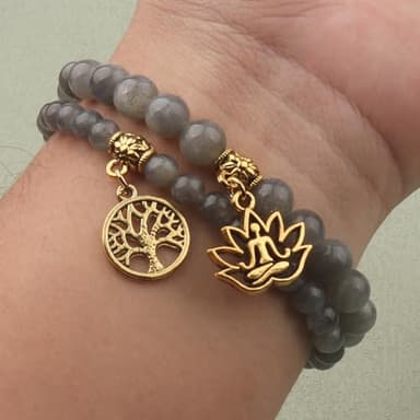 KSQS Natural Semi Precious Gemstone Beads Yoga Bracelet for Women, Tree of Life and Lotus Charm Energy Healing Reiki Crystal Stretch Bracelets(#5) - Image 5