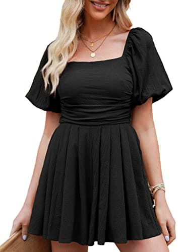 AlvaQ Rompers for Women 2025 Cute Short Jumpsuit with Pockets Casual Solid Color Puff Sleeve Square Neck Babydoll Mini Dress Shorts Romper Jumpsuits,Black,Small - Image 1