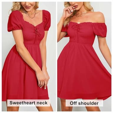 Byinns Women's Sweetheart Neckline Dress Smocked Sundress Puff Short Sleeve Drawstring Dresses Red - Image 2