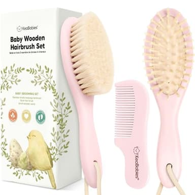 Baby Hair Brush and Comb Set for Newborn - Wooden Baby Hair Brush Set with Soft Goat Bristle, Baby Brush Set for Newborns, Baby Brush and Comb Set Girl, Boy, Toddler Cradle Cap Brush (Oval, Blush) - Image 1