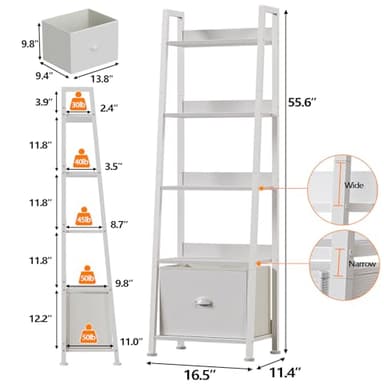 Furologee 5-Tier White Ladder Shelf, Ladder Bookshelf with Removable Drawer, Mordern Bookcase Storage Rack Organizer, Wood Metal Freestanding Storage Shelves for Living Room, Home Office, Bedroom - Image 3