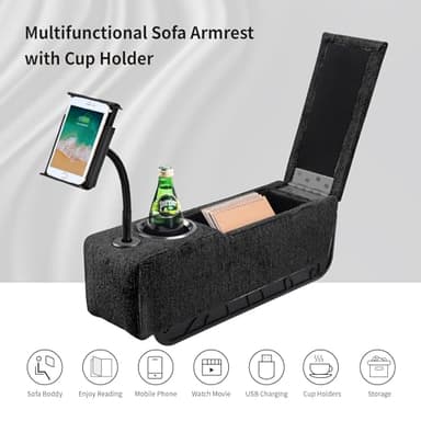 ARMRESTO Multifunctional Sofa Armrest, Couch Armrest with Wireless Charge Stand, Removable Couch Caddy with Storage,Including LED Reading Light, Midnight - Image 9