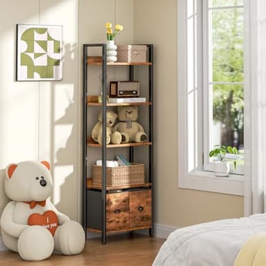 Furologee 5-Tier Bookshelf, Tall Bookcase with 2 Storage Drawers, Adjustable Industrial Display Standing Shelf Units, Wood and Metal Storage Rack for Living Room, Bedroom, Home Office Rustic Brown - Image 8