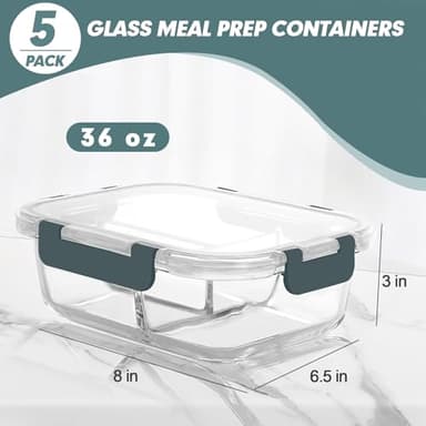KOMUEE Glass Meal Prep Containers 3 Compartments, 5 Pack 36 oz, Glass Food Storage Containers with Lids, Airtight Lunch Bento Box, Portion Control, Freezer and Microwave Safe - Image 3