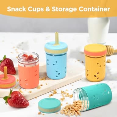 Tronco 8 oz Glass Sippy Cup for Toddlers, Kids Mason Jar Smoothie Cup with Silicone Sleeves & Spill Resistant Flexible Straw, Snack Cup, BPA-Free, Dishwasher Safe - Image 7