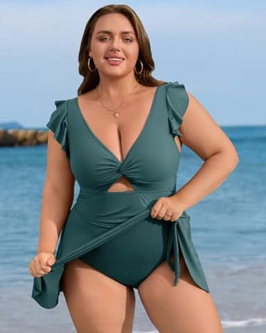Charmo Women Plus Size Swimdress One Piece Swimsuit Tummy Control Twist Front Bathing Suit Ruched Skirted Swimwear Green 4X - Image 3
