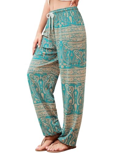 QIANXIZHAN Women's Harem Pants, Hippie Palazzo Pants Boho Joggers Yoga Clothes with Pockets Cyan Flower L - Image 1