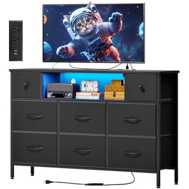 Fixwal Dresser for Bedroom TV Stand for 55 Inch TV with Charging Station and LED Light, Fabric Chest of Drawers, 8 Drawer Kids Dressers for Boys Bedroom, Living Room, Closet (Black) - Image 1