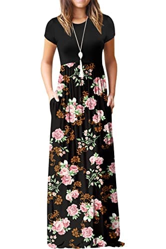 GRECERELLE Womens Black Floral Summer Dresses Short Sleeve Long Dresses for Vacation with Pocket XL, Flower Rose Black - Image 1