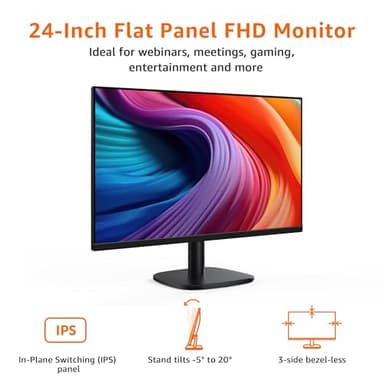 Amazon Basics 24 in Monitor, FHD 1080P, Max 100Hz, VESA Compatible, Built-in Speakers, Black - Image 2