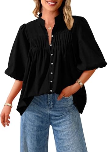 PRETTYGARDEN Women's 2025 Summer Short Lantern Sleeve Tops Loose Fit Button Down Shirt Pleated V Neck Blouses Trendy Clothes (Black,X-Large) - Image 1