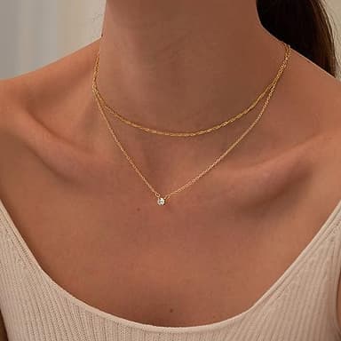 Tewiky Dainty Layered 14K Gold Plated Cubic Zirconia Necklace for Women, Simple Solitaire Pendant Chain Choker Necklaces Set Cute CZ Trendys Gold Jewelry Gift - Image 5