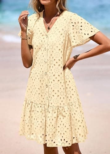 KIRUNDO Summer Dresses for Women 2025 Eyelet Button Down V Neck Short Sleeve Hollow Out A Line Loose Mini Babydoll Dress(Beige, Large) - Image 8