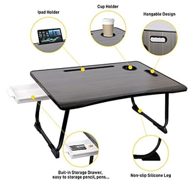 Amaredom Laptop Bed Desk Tray Bed Table, Foldable Portable Lap Desk with Storage Drawer and Cup Holder for Eating Breakfast on Bed/Couch/Sofa-Black - Image 3