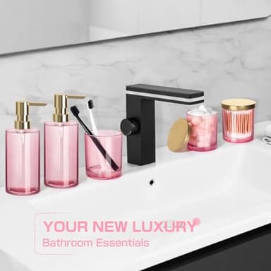 ALPIRIRAL Pink Bathroom Accessories Set, 5 Pcs Pink Glass Bathroom Set, Soap Dispenser and Toothbrush Holder Set, Qtip Holder and Cotton Ball Holder, Modern Bathroom Decor Sets, Bathroom Sink Set - Image 7