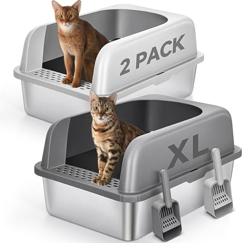2 Pack Stainless Steel Cat Litter Box with Lid, XL Extra Large Metal Box for Big Cats, 24" L x 16" W x 12" H, Enclosed Litter Box High Sided, Non-Sticky, Include Litter Scoop - Image 1