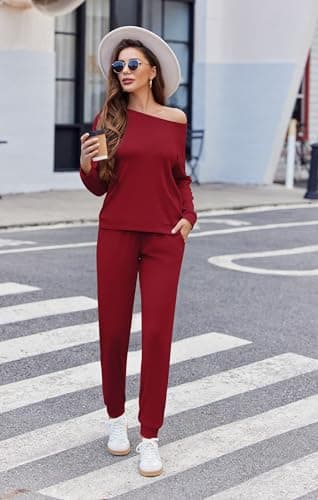 Ekouaer Womens Ribbed Knit Pajama Sets 2 Piece Jogger Pjs Long Sleeve Sleepwear Round Neck Soft Lounge Sets with Pockets Wine Red Large - Image 4