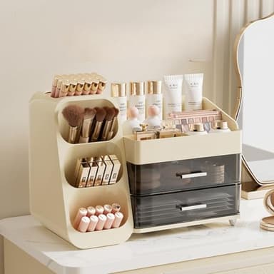 KQJS Makeup Organizer with Drawers,Large Capacity Countertop Organizer for Vanity,Bathroom and Bedroom Desk Cosmetics Organizer,Easy To Storage Skincare,Brushes, Eyeshadow, Lotions, Lipstick (Cream) - Image 7
