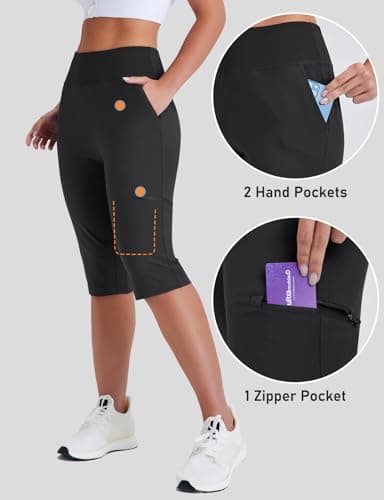 Emlovm Petite Capris for Women Petite Length Golf Capri Pants Below The Knee Shorts Quick Dry Long Hiking Shorts Knee Length with Zipper Pockets Black Large - Image 4