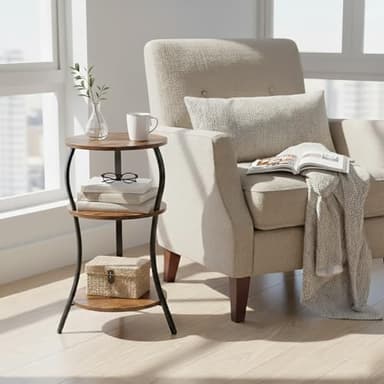 Vintage Small Round Side Table, 3-Tier Slim Waist Circular End Table with Storage Shelf, Compact Tea Sofa Table, Round Corner Coffee Table Nightstand for Living Room Bedroom Small Spaces,Rustic Brown - Image 4