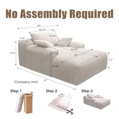 POEM PANDA 67" Oversized Chaise Lounge Reading Chair,Plush Corduroy Boneless Memory Foam Couch Sofa Beds,Lounging Chairs with Deep Large seat,No Assembly Required Cloud Comfy Couches for Living Room - Image 2