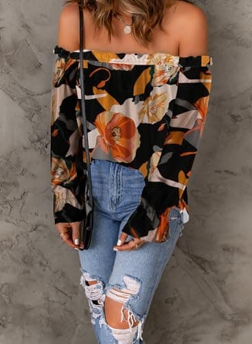 Spriolim Women's Fashion Off Shoulder Top Long Sleeve Casual Shirt Cute Blouses Boho Black, X-Large - Image 2