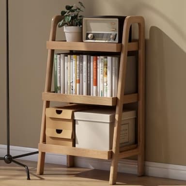 Vadisun 100% Solid Oak 3 Tier Ladder Shelf, Small Bookshelf, Ladder Bookshelf, Bookcase with Stable Frame, Small Table for Living Room Bedroom(Natural, 12.6" L x 17.72" W x 31.5" H) - Image 1