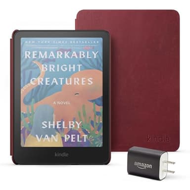 Introducing Amazon Kindle Colorsoft Essentials Bundle including Kindle Colorsoft (16 GB) – With color display - Black, Premium Leather Cover-Ruby and Power Adapter