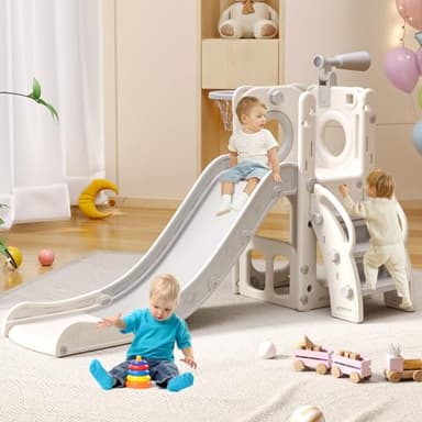 Baotree 6 in 1 Toddler Playset with Slide, Kids Slide with Basketball Hoop, Ball, Ring Toss, Indoor Outdoor Toys (White Grey) - Image 7