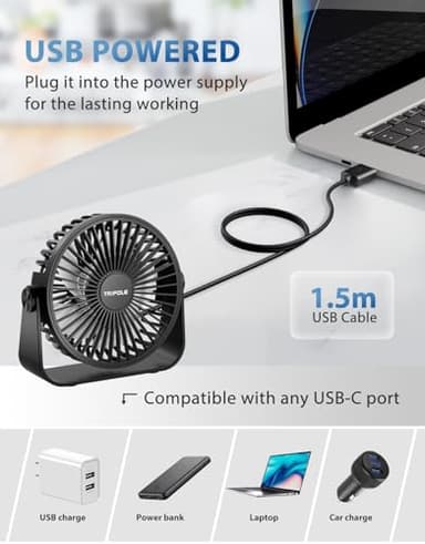 TriPole USB Desk Fan 4.5 Inches Portable Mini Fan Powerful 3 Speeds Wind Personal Desktop Fan with 360° Head Rotation for Home Office Car Indoor Outdoor Black, No Battery - Image 3
