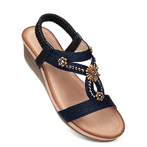 SHIBEVER Darkblue Wedge Sandals for Women Dressy Summer Comfortable Rhinestone Sandals Open Toe Ankle Strap Shoes Low Heel - Image 1