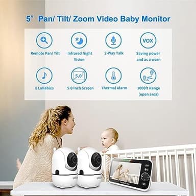 HelloBaby Upgrade 5’’ Baby Monitor with 30-Hour Battery, 2 Cameras Pan-Tilt-Zoom, 1000ft Range Video Audio Baby Monitor No WiFi, VOX, Night Vision, 2-Way Talk, 8 Lullabies and Temperature - Image 2