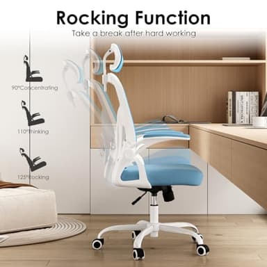 Farini Ergonomic Office Chair, Home Office Desk Chair with Headrest, High Back Computer Chair with Armrests and Adjustable Lumbar Support for Home Office Study Room, White & Blue - Image 5