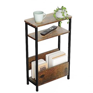 THUMEYE 7.1" Narrow Side Table for Small Spaces, 3 Tier Small End Table with Magazine Holder, Slim/Skinny Nightstand/Bedside Table for Living Room, Bedroom, 15.4" L x 24.2" H - Image 1