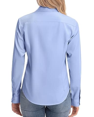 siliteelon Womens Classic-Fit Dress Shirts Long Sleeve Button Down Wrinkle-Free Solid Casual Work Office Blouse Top Blue X-Small - Image 4