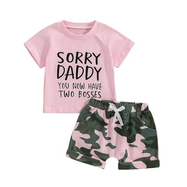 Fernvia Toddler Girls Clothes 1T 2T 3T 4T 5T Summer Outfits Baby Kids Letter Short Sleeve T-Shirt Tops & Camouflage Shorts Sets (A-Pink, 6-12 Months) - Image 1