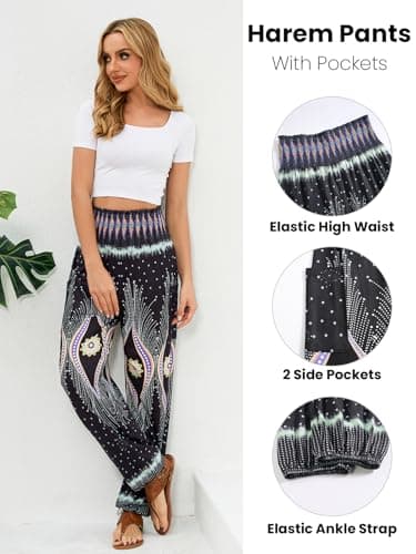 QIANXIZHAN Women's Harem Pants, High Waist Yoga Boho Trousers with Pockets Peacock Black XL - Image 3